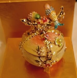 Hand Printed Love Bird Colorful Rhinestone Trinket Box 179.6 Grams